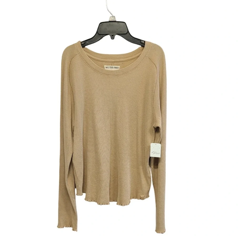 Free People We The Free Tan Waffle Knit Lettuce Hem Long‎ Sleeve Top XL